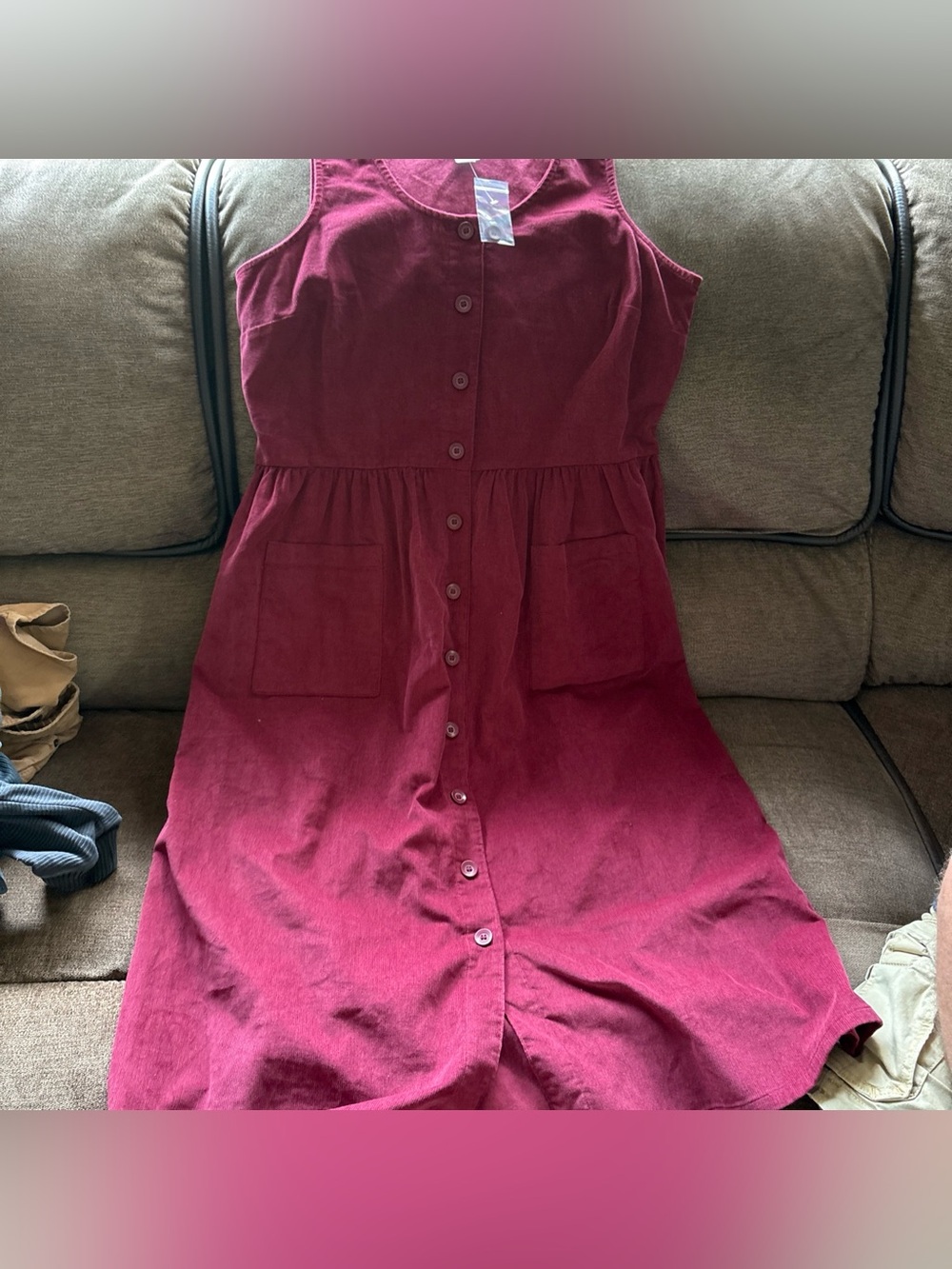 The Vermont Country Store Button Front Corduroy Jumper Overall Dress Large Wine